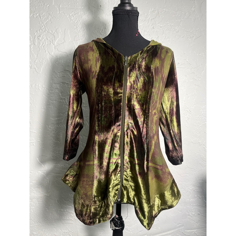 One World XS Metallic Iridescent Hooded Tunic Jacket Sharkbite Hem Zip Front